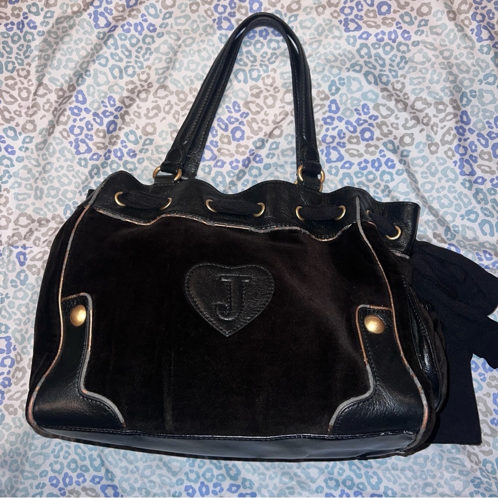Vintage Black Juicy Couture Purse Tote Bag Handbag Daydreamer Velour Floral Y2K - Picture 3 of 9